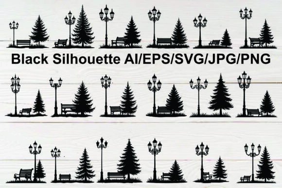 Download Silhouette Park Bench Lamp Posts Set - Posts Collection