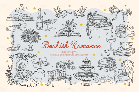 Download Bookish Romance Vintage Line Art - Line art Collection